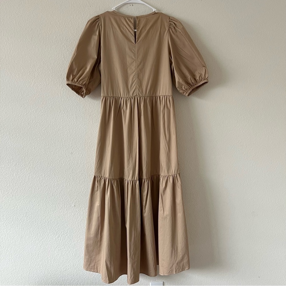 Zara Camel Tan Poplin Tiered Midi Dress Puff Sleeve Asymmetric Hem Pockets S - Picture 12 of 16